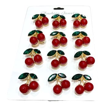 ladies gold colour plated cherry brooch with bead detail and emerald colour crystal faceted crystal leaves
