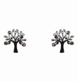 Silver Multi CZ Tree Of Life Stud Earrings