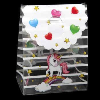 Clear acetate, Unicorn themed gift box.
Measuring approx 9cm x 12 cm x 6cm when assembled.
Pack of 12.

*Comes flat packed.