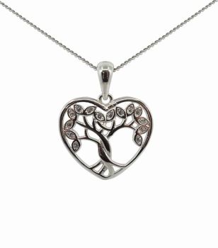 Silver Clear CZ Tree Of Life Heart Pendant