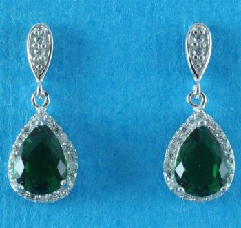 Silver Clear & Emerald CZ Teardrop Drop Earrings