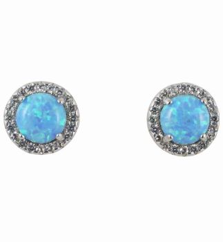Silver Clear CZ &amp; Blue Opal Stud Earrings
