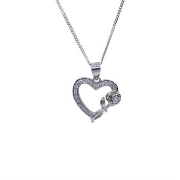 Silver Clear CZ Heart &amp; Rose Pendant