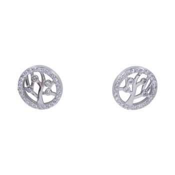 Silver Clear CZ Tree Of Life Stud Earrings