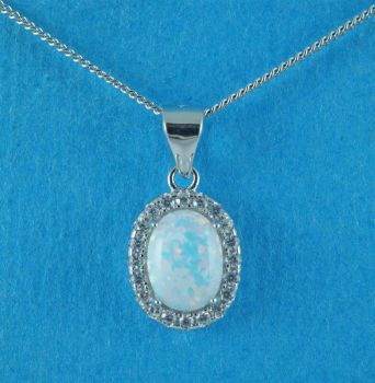 Silver Clear CZ &amp; White Opal Oval Pendant