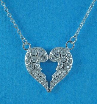 Silver Clear CZ Angel Wings Heart Necklace