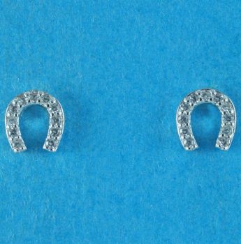 Silver Clear CZ Lucky Horseshoe Stud Earrings
