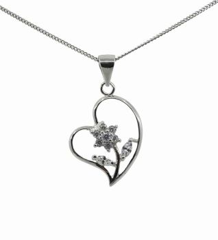 Silver Clear CZ Heart & Flower Pendant