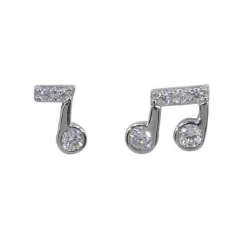 Silver Clear CZ Musical Note Stud Earrings