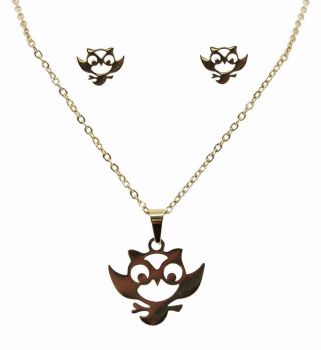 Stainless Steel Owl Pendant and Pierced Stud Earring Set 