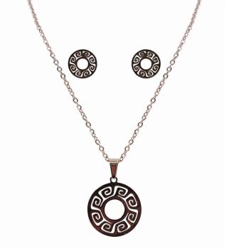 Stainless Steel Greek Key Pendant and Pierced Stud Earring Set