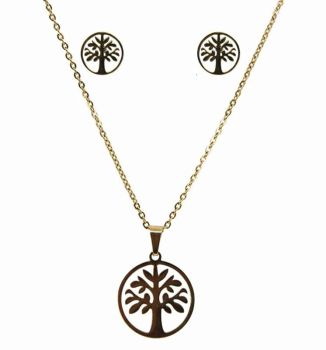 Stainless Steel Tree of Life Pendant &amp; Pierced Stud Earring Set 