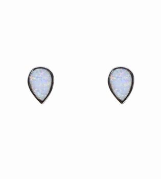 Silver White Opal Teardrop Stud Earrings