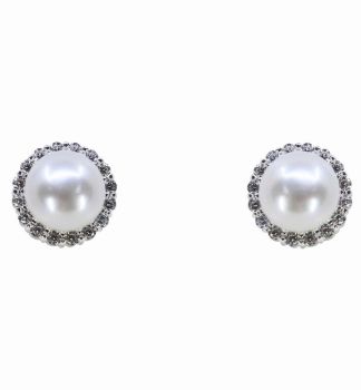 Silver Clear CZ & Freshwater Pearl Stud Earrings