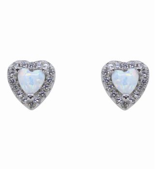 Silver Clear CZ &amp; White Opal Heart Stud Earrings