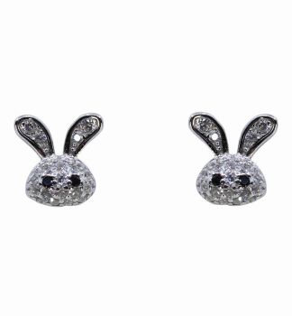 Silver Clear & Jet CZ Bunny Stud Earrings
