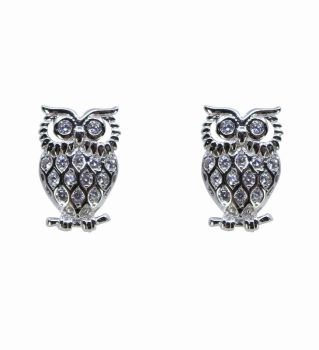 Silver Clear CZ Owl Stud Earrings
