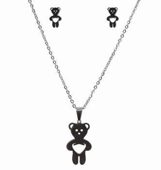 Stainless Steel Teddy Bear Pendant And Pierced Stud Earring Set 