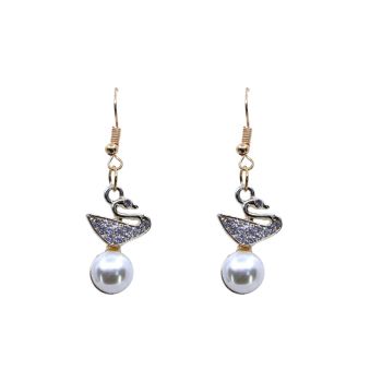 Gold Colour Plated Dangly Diamante And Pearl Swan Earring (£0.50 Per Pair )