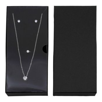 Black, card necklace box with black flock coated inner foam. Comes with a Clear acetate protective inner cover. Ideal for large pendant/necklace, earring, or individual items.
Outer edge of box measuring approx. 9cm x 19.7cm x 2.5cm.
Usable inside space