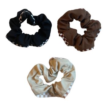 Ladies / Girls Cotton Feel Scrunchies With Geometric Design Trim - ( £0.40 Each )