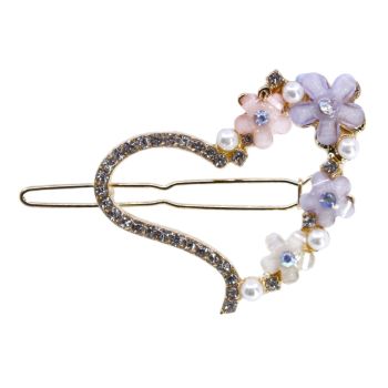 Gold colour plated flower heart design hair clips with glittery acrylic petal jewels, genuine crystals and imitation pearls.
