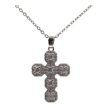 High quality, Cross pendant with genuine Clear crystal stones.
Rhodium colour plated, coated on top of Copper base metal.

