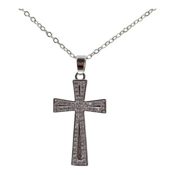 High quality, Cross pendant with genuine Clear crystal stones.
Rhodium colour plated, coated on top of Copper base metal.
