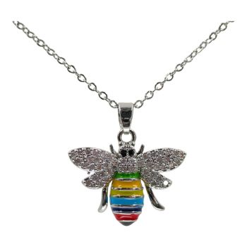 High quality, bee design pendant with genuine Clear and Jet crystal stones and coloured enamelling.
Rhodium or Gold colour plated, coated on top of Copper base metal.
