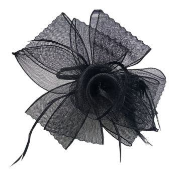 Ladies mesh flower fascinator decorated with feathers.
Comes with a detachable satin covered headband and a Rhodium colour plated concord clip.
