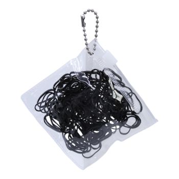 Super stretch rubber hair elastics in a clear acrylic zip lock bag with a chain.
