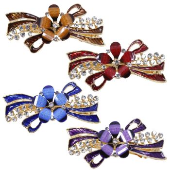 Gold colour plated flower design French clip decorated with genuine Clear crystal stones, coloured enamel and acrylic petals.
