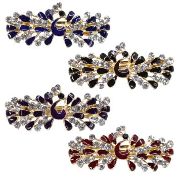 Gold colour plated peacock design French clip decorated with genuine Clear crystal stones and coloured enamel.
