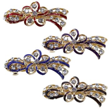 Gold colour plated flower design french clip decorated with genuine Clear crystal stones and coloured enamel
