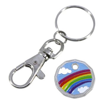 Rhodium colour plated rainbow design trolley coin keyrings with multi colour enamelling.
