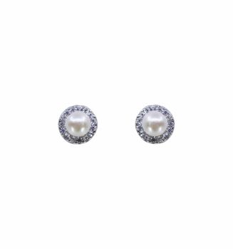 Rhodium plated sterling Silver stud earrings with Clear cubic zirconia stones and fresh water pearls.
