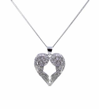 Rhodium plated sterling Silver angle wings pendant with Clear cubic zirconia stones.
