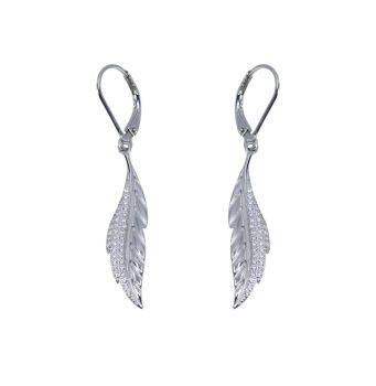 Rhodium plated sterling Silver feather design drop earrings with Clear cubic zirconia stones.
