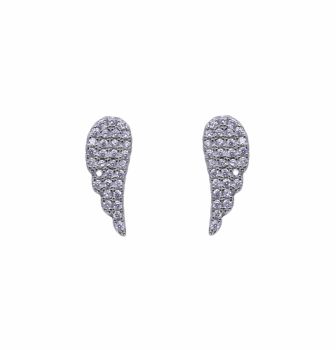 Rhodium plated sterling Silver angle wing design stud earring with Clear cubic zirconia stones.

