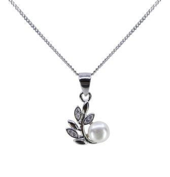 Rhodium plated sterling Silver pendant with Clear cubic zirconia stones and a freshwater pearl.
