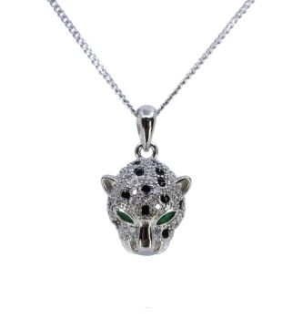 Rhodium plated sterling Silver leopard design pendant with Clear and Emerald cubic zirconia stones and Black enamelling.
