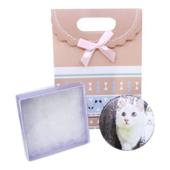 Mother`s Day gift set includes a leatherette cat print compact mirror, Lilac pearlised card and acetate gift box and a gift bag.
