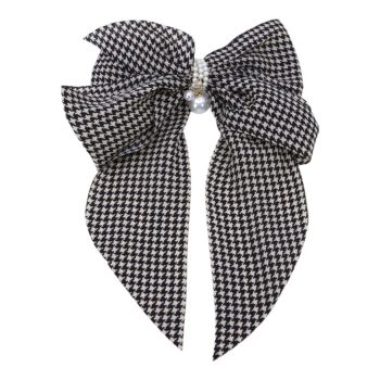 Soft cotton feel houndstooth print bow French clip with imitation peals
