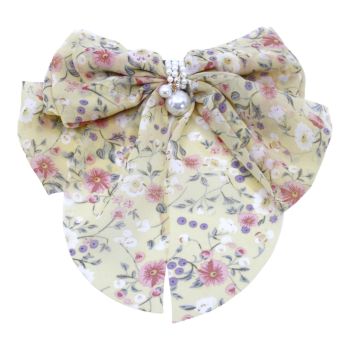 Organza floral print bow French clip with imitation pearls
