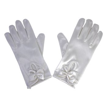Girls Cream Satin Gloves With Bow And Pearls