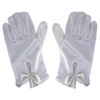 Ladies Cream Satin Gloves With Bow And Pearls