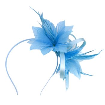 Satin loop and feather flower fascinator on a satin covered alice band.
