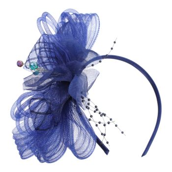 Mesh fascinator on a satin covered alice band, decorated with fabric petals and faceted glass beads.
