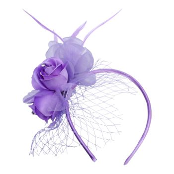 Fabric flower headband fascinator on a satin covered alice band, decorated with feathers, fabric petals and genuine Clear crystal stones.
