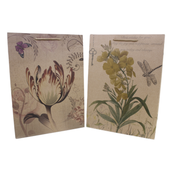Large Brown paper gift bags with a floral design and cord handles.
